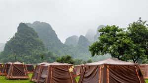 Safari tents in a lush campsite with mountains in the background