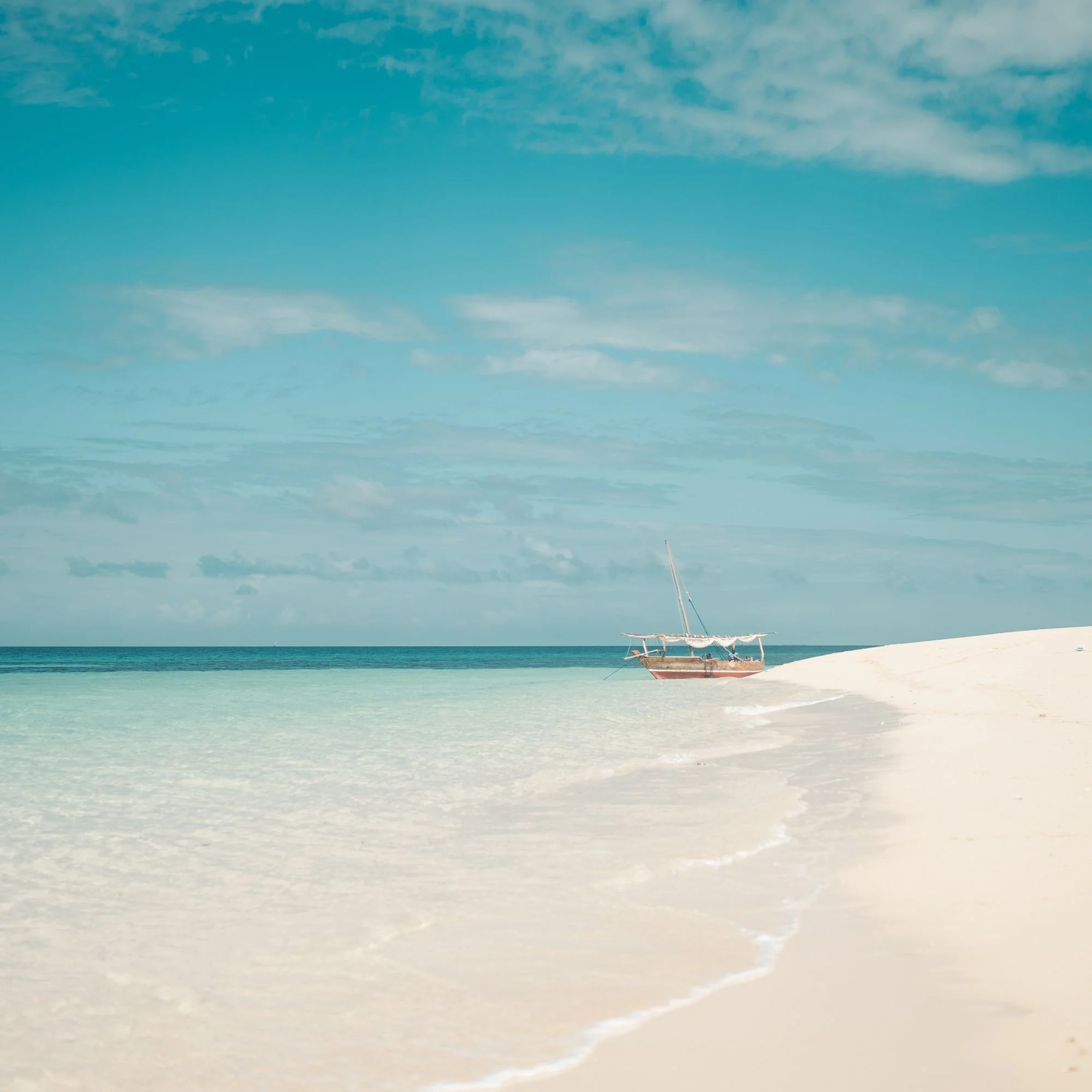 White sand and clear turquoise shallows on a quiet stretch of Zanzibar coastline